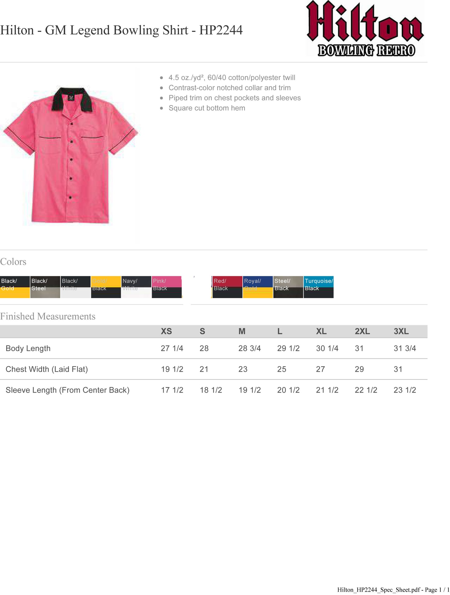 Hilton HP2244 Bowling Shirt Black With Yellow Trim Custom Text or Design
