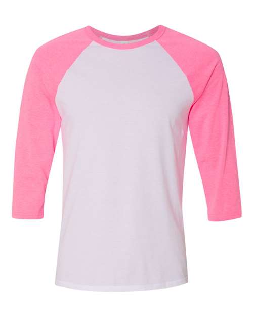 BELLA + CANVAS - Three-Quarter Sleeve Baseball Tee - 3200 White / Neon Pink