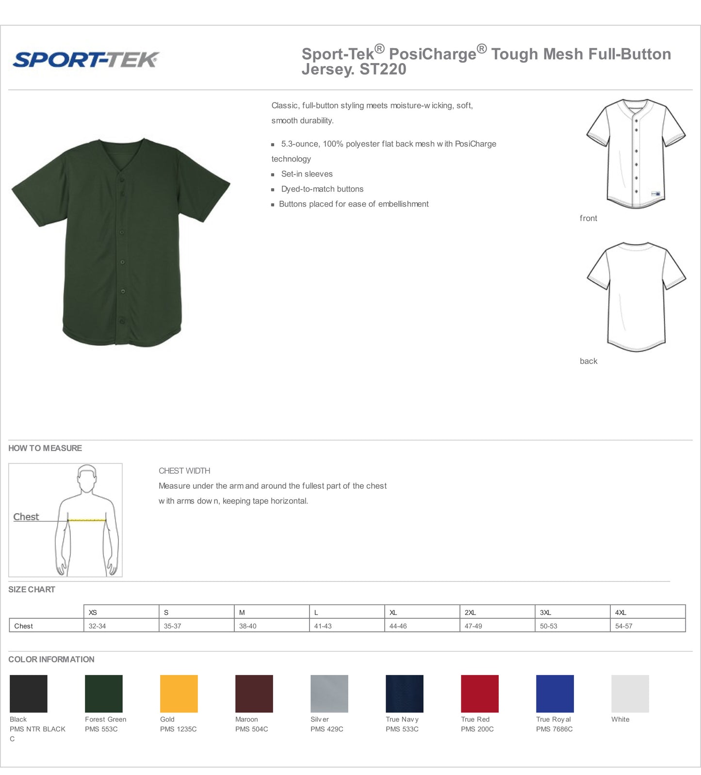Customized ST220  Sport-Tek® PosiCharge® Tough Mesh Full-Button Jersey