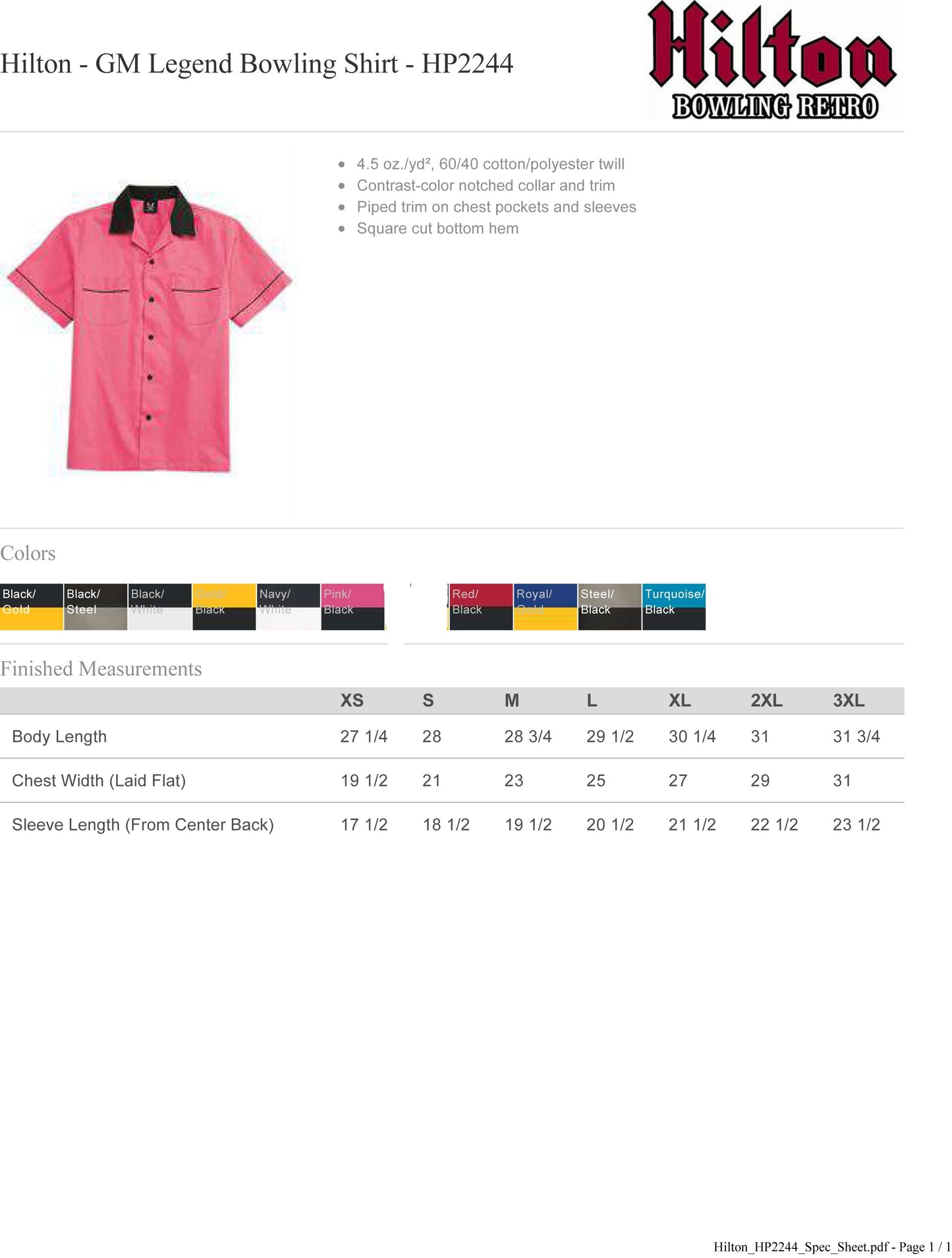 Hilton HP2244 Bowling Shirt Royal with Gold Trim Custom Text or Design